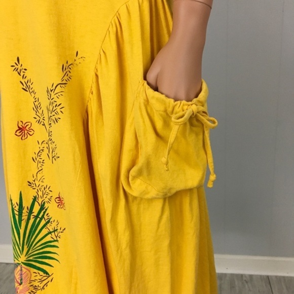 Vintage 90’s Yellow Swing Dress Floral Hand Painted Hawaiian Pockets Women M - Picture 11 of 15